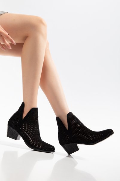 MS SUGAR SHOES Women's Black Suede Look V- Detailed Summer Western Cowboy Boots