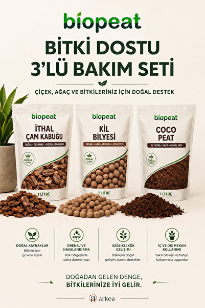 BioPeat 3'lü Bitki Bakım Seti 3 LT – İthal Çam Kabuğu + Kil Bilyesi + Cocohus...