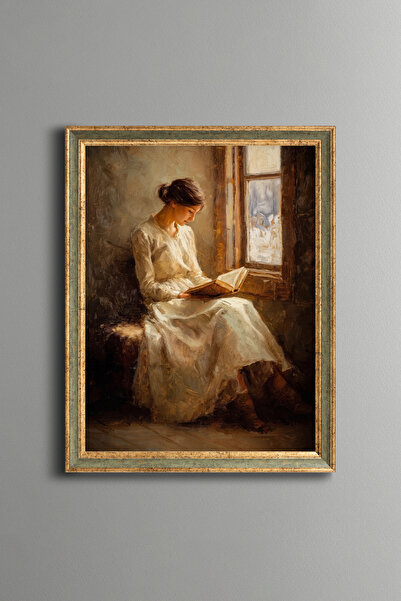 epiqart امرأة تقرأ كتابًا على النافذة - إطار بنمط عتيق - موديل نحيف