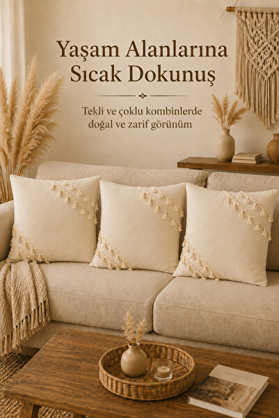 Morlay Naturel Keten Püsküllü Kırlent Kılıfı Bohem Rustik Vintage Salon Dekoru Dekoratif Kırlent Kılıfı