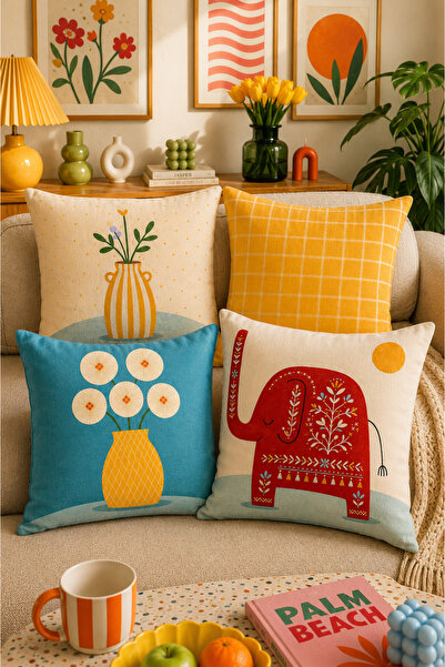 SasoHome Retro Boho Fil & Vazo Kırlent Kılıfı 4'lü Set Dijital Baskılı Salon ...