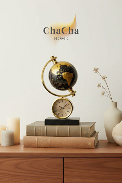 ChaCha Home Gold Kaideli Siyah Dünya Küreli Masa Saati – Lüks Ofis & Salon De...