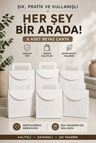 ASL ArtPaper 6 Adet Beyaz Çanta Kutu 20x25x10 cm | Saplı Hediyelik Kutu Çanta...