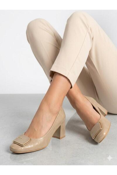 Lütfi Women's Gold Comfortable Fit Thick Heeled Shoes