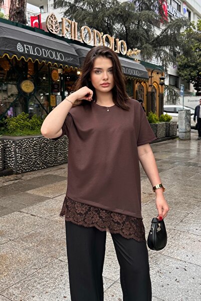 XELA Women's Asymmetrical Cut Lace Detailed Modal Fabric Long Blouse