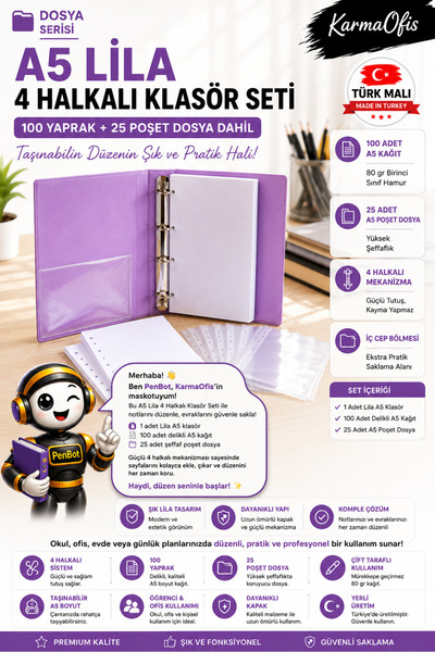 KarmaOfis A5 Lila 4 Halkalı Klasör Seti 100 Yaprak 80 gr Kağıt + 25 Poşet Dos...