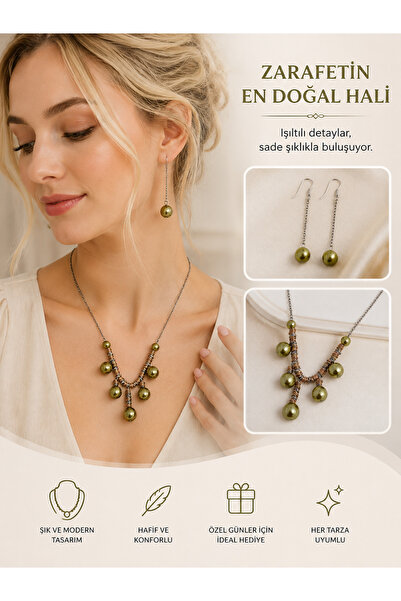 ELUNE İSTANBUL Milano Olive Green Pearl-Look Bead Necklace and Earring Set