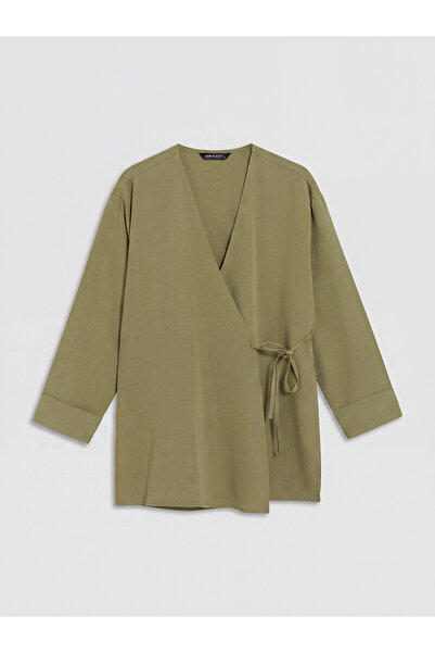 LC Waikiki Green Double-Breasted Collar Linen Blend Women's Kimono