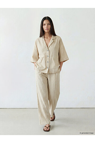 LC Waikiki Striped 100% linen women's shirt jacket