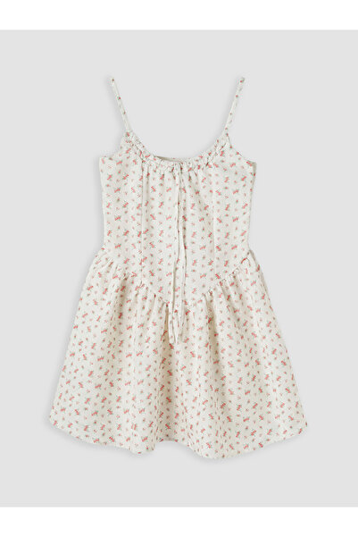 LC Waikiki White Rope Strap Floral Waist-Slit Mini Dress