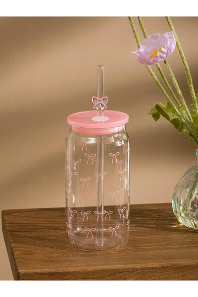 LC Waikiki Pembe Fiyonk Desenli Cam Pipetli Bardak 480 ml