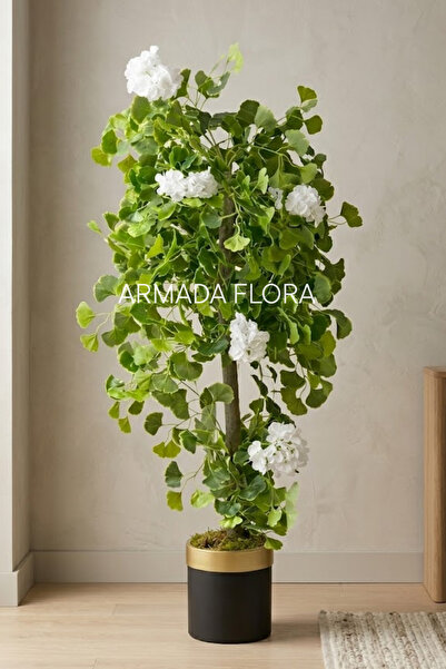 Armada Flora Yapay Mabet Ağacı Beyaz Çiçekli Ginkgo Biloba Gold Detaylı Siyah...