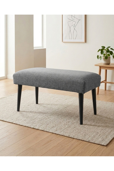 Azra Aksesuar Gri Keten Kumaş Bench Puf 90x45x46 cm Ahşap Siyah Ayaklı Demont...