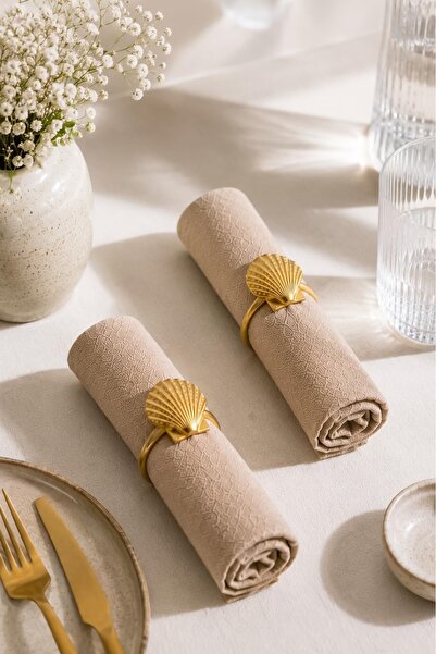 Kitchen Life طقم من 2 حلقات مناديل معدنية ذهبية اللون على شكل أصداف المحار - ...