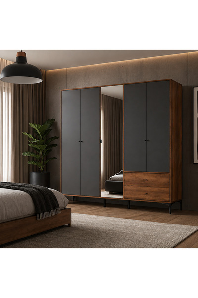 Adore Mobilya Madrid 5 Kapılı 2 Çekmeceli Aynalı Gardırop Oslo Ceviz - Antras...