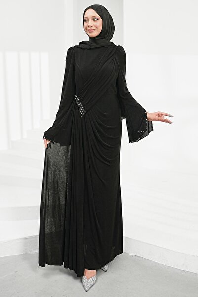 İmajButik Black Waist Gathered Stone Evening Dress