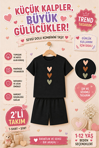 OVERMAX 🎀   Cute Hearts Printed Kids Set – T-Shirt & Shorts 2-Piece Combinat...