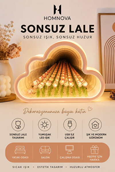 Homnova Sonsuz Lale LED Gece Lambası | Sonsuz Ayna Efektli Bulut Tasarımlı De...
