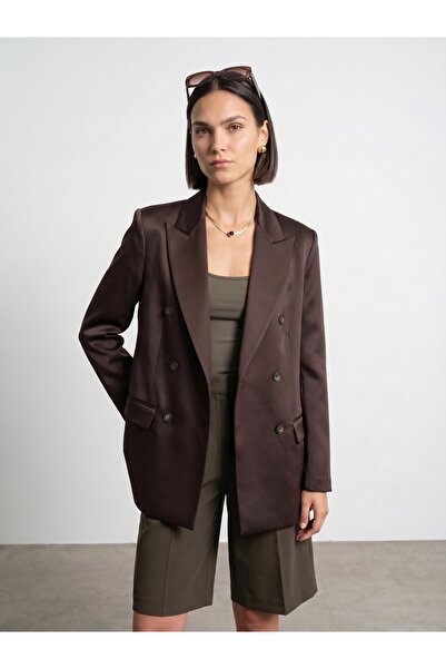 Dilvin 60802 Double-Breasted Satin Blazer Jacket-Brown