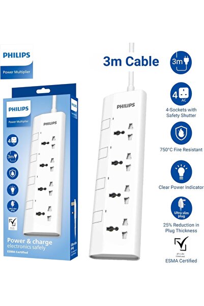 Philips وصلة تمديد كهربائية عالمية رباعية الاتجاهات بطول 3 متر مع مفاتيح فردي...