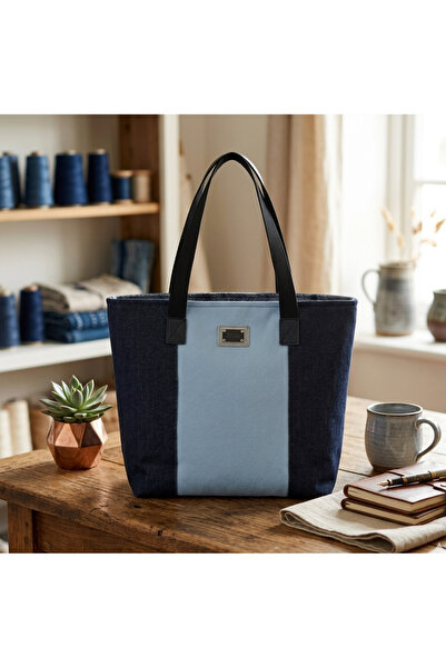 MAVİCENZA Kadın Denim Kot Kanvas Patchwork Omuz Çantası Renk Bloklu Tote çanta