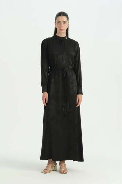 Nihan Jacquard Dress with Gathered Collar Detail and Brooch