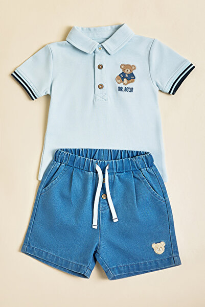R&B Embroidered Polo T-Shirt and Denim Shorts Set