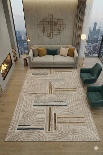 FULY CONSEPT Modern Geometrik Desenli Bej Halı, Kabartmalı Dokulu Salon Halıs...