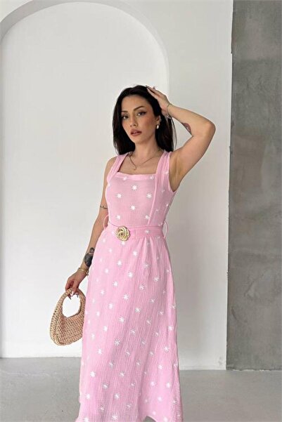Neşeli Butik Rochie de vară de damă, roz, cu broderie florală, cu detaliu cur...