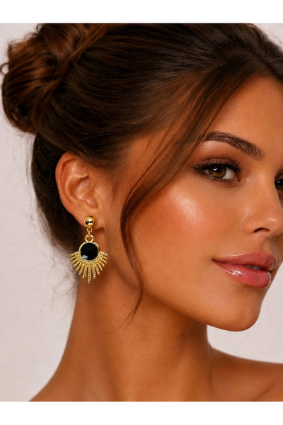 Açıkmeşe Ev Yaşam Ürünleri Vintage Sun Figured Stone Detailed Gold Color Earr...
