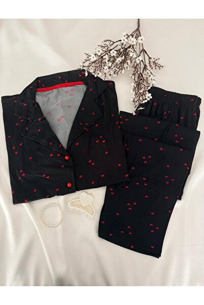 MH Moony Homewears Short Sleeve Red Heart Buttoned Pajama Set