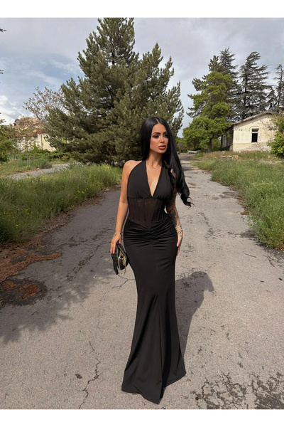 kırmızı butiks Rochie maxi neagră cu corset în talie