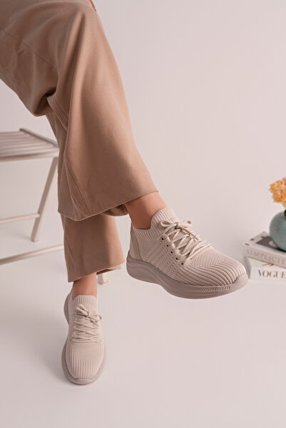 SEFERİ Women's Beige Stretch Knitwear Lace-Up Walking Orthopedic Sports Shoes...