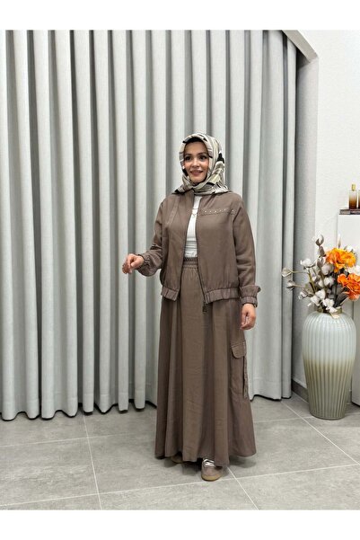Armine Trend Cotton Tencel Bomber Jacket and Skirt Set Vison