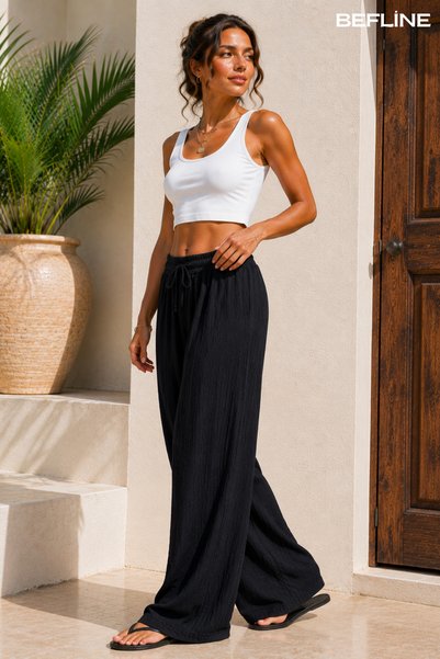 LAVİNİM Women's Crinkle Ruffled Oversize Wide Leg Summer Trousers