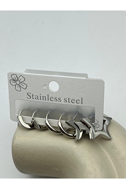 BİJU YILMAZ 26Clk71 Silver Star Hoop Steel Earring Set