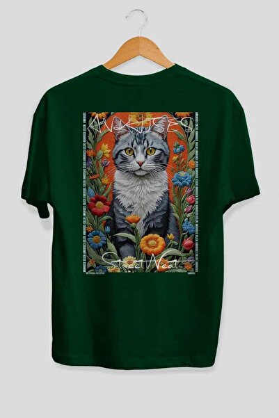 Ankhises For the Love of Cats 76 Cat Printed Green Oversize T-Shirt 100% Cott...