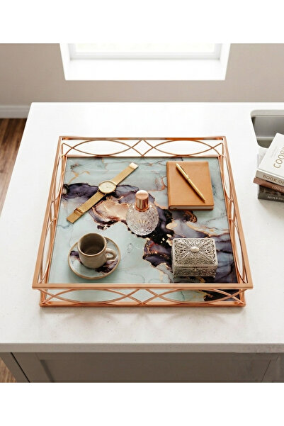 Le Paon Tavă decorativă de lux de 30 cm - Organizator metalic auriu roz cu mo...