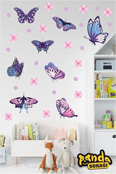 PANDA SOKAĞI Renkli Kelebekler Ve Çicekler Salon Sticker Kendinden Yapışkanlı...