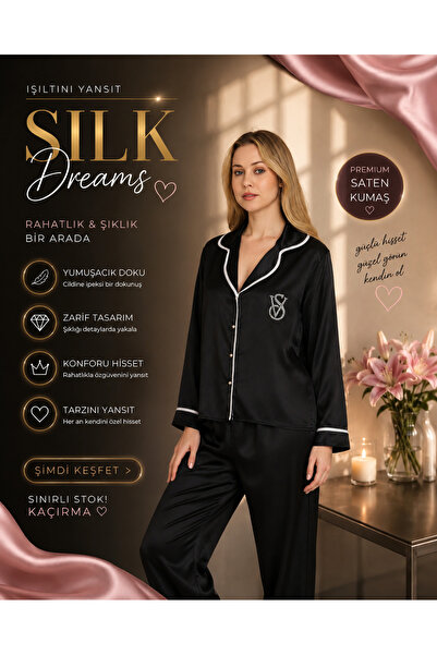 VİP SECRET Satin Pajama Set with Stones Long Sleeve