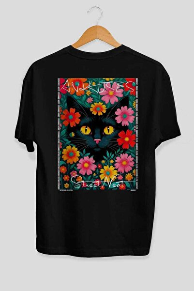Ankhises For the Love of Cats 61 Cats Printed Black Oversize T-Shirt 100% Cot...