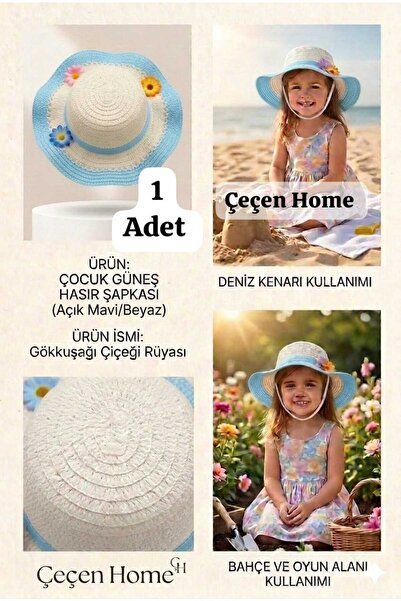 ÇEÇEN HOME (1 Piece) Girls' Straw Hat with Decorated Edge, Girls' Summer Hat ...
