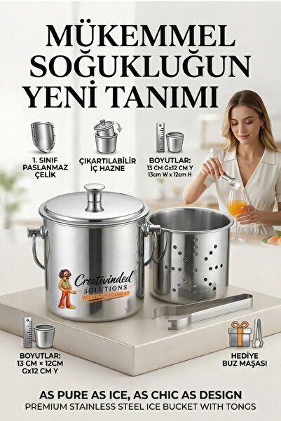 Creatividad Solutions Stainless Inox Shiny Steel Ice Bucket Set - with Strain...