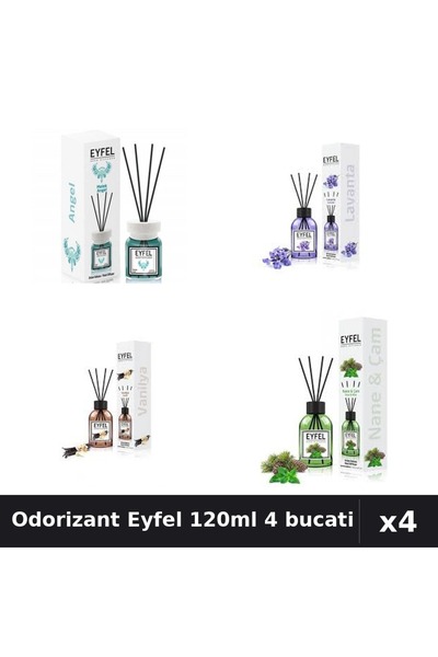 Eyfel Set 4 Odorizant Camera Betisoare 120ml - Angel, Lavanda, Vanilie, Pin M...