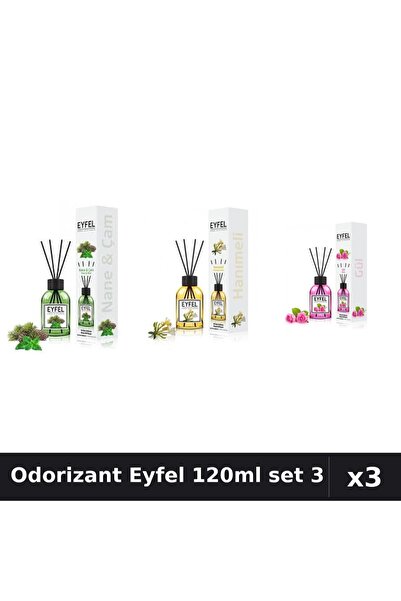 Eyfel Set 3 Odorizant Camera Betisoare 120ml - Pin Mentă, Mână Maicii, Trandafir