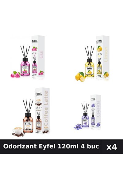 Eyfel Set 4 Odorizant Cameră Betișoare 120ml - Trandafir, Lămâie, Cafea, Lavandă