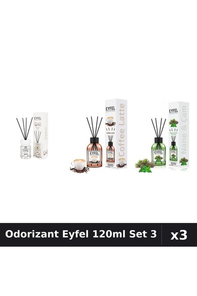 Eyfel Set 3 Odorizant Camera Betisoare 120ml - Bumbac, Cafea, Pin Menta