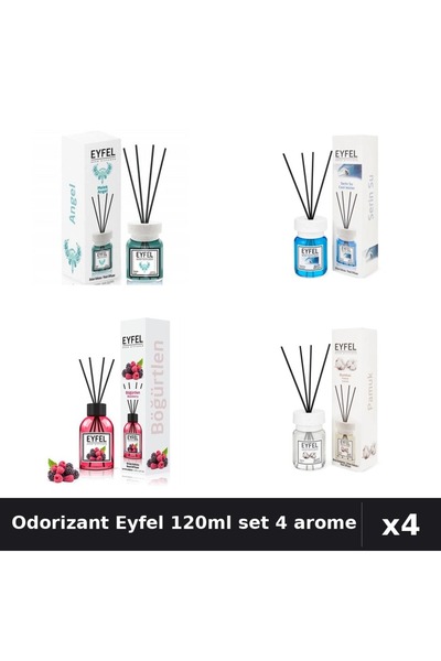Eyfel Set 4 Odorizant Cameră Betișoare 120ml - Angel, Cool Water, Fructe Pădu...