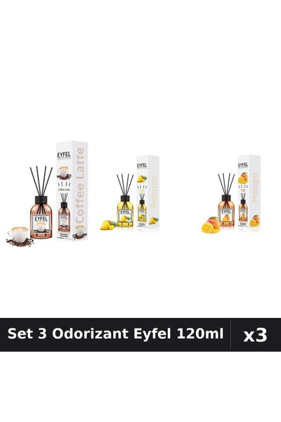 Eyfel Set 3 Odorizante Camera Betisoare, Ananas, Cafea, Mango, 120 ml