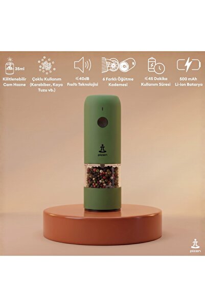 Pizen Windmill USB Type-C Şarjlı Otomatik Baharat Öğütücü LED Işıklı Ayarlana...